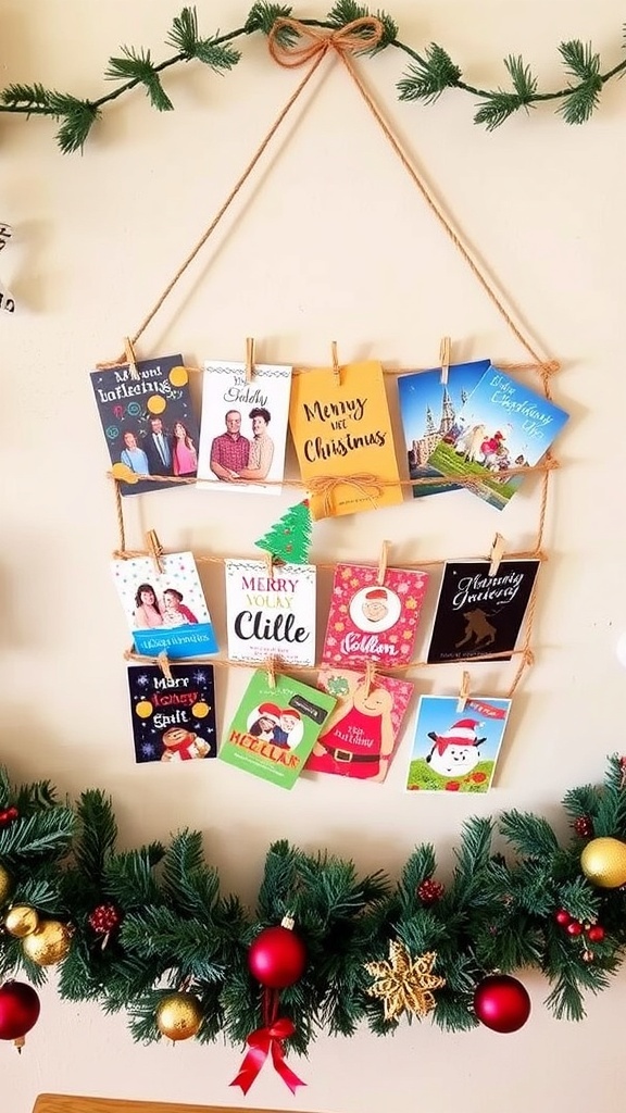 A DIY Christmas card holder with twine and clothespins, showcasing holiday cards on a decorated wall.